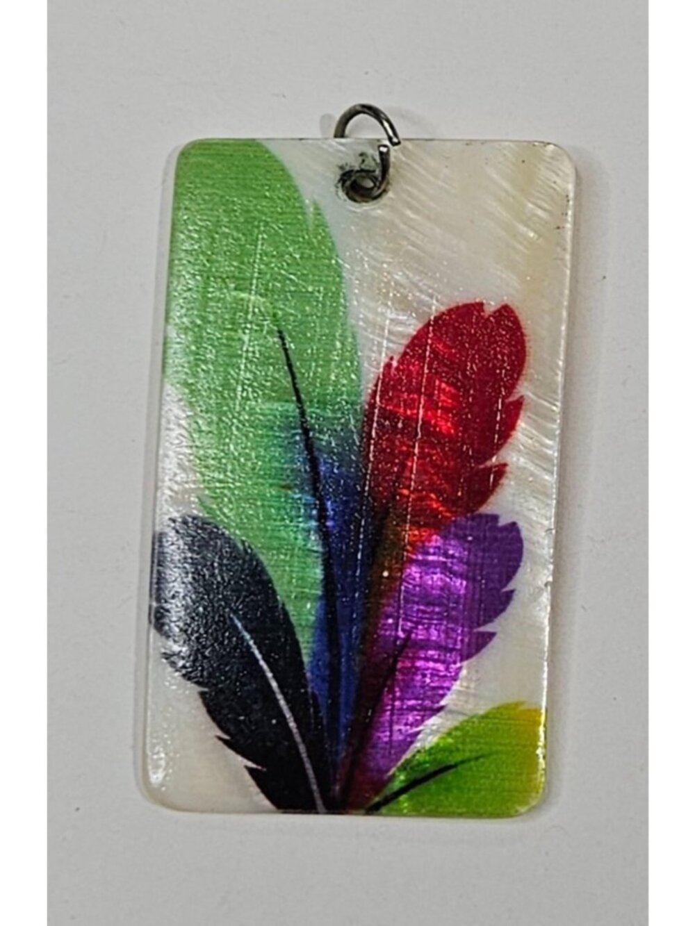 Rectangle Mother of Pearl Pendant Painted Feathers 1.75 inches